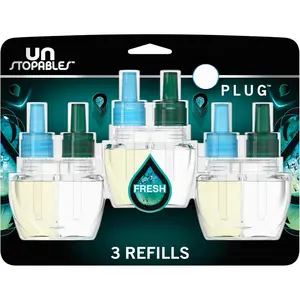 Plug in Air Freshener, Odor-Fighting Scented Oil Refill, Air Fresheners for Home and Bathroom and Kitchen, Long Lasting for Strong Odors, Unstopables Fresh Scent, 0.87oz Refills, 3 Count