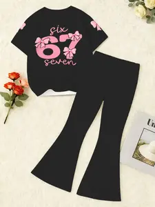 Girls' Summer Fashion Print Drop Shoulder Short Sleeve T-Shirt + Elastic Bell Pants Set, Casual Fitted Suit for All Seasons