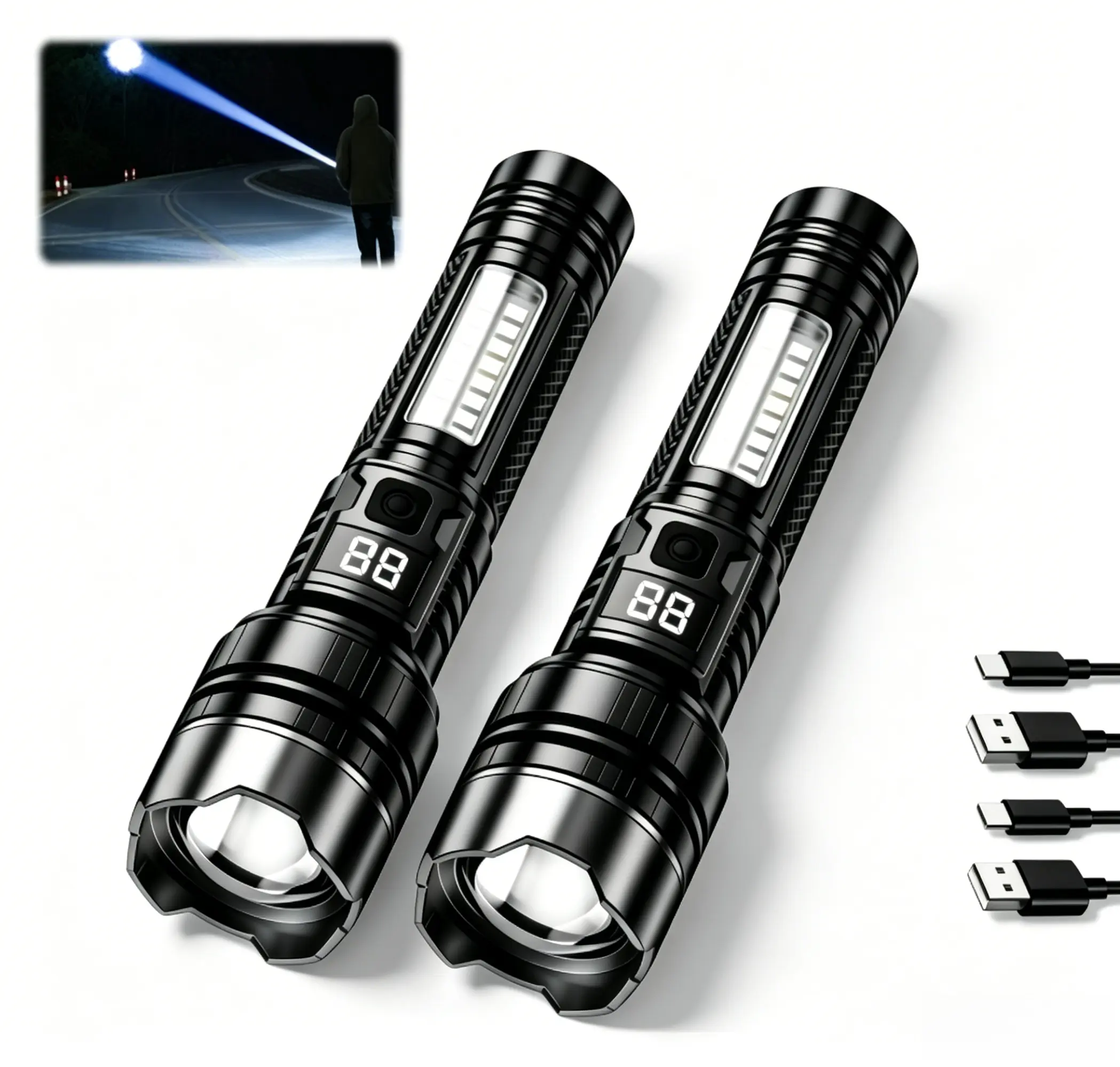 2-Pack High Lumens Ultra-Bright Flashlight, Rechargeable LED Torches, USB-C Fast Rechargeable, Adjustable Zoom, 5 Modes, Battery Power Display for Camping, Hiking, Power Outages, High Lumens Flashlight, Compact Portable Torches, Pocket Flashlight Torches