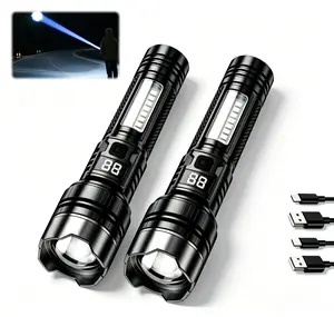 2-Pack Super Bright LED Flashlight with Adjustable Zoom, USB-C Fast Rechargeable, 5 Modes + Battery Power Display for Camping Hiking Night Dog Walking Farm Ranch Power Outages