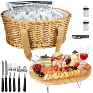 Wicker Picnic Basket Set for 2 with Mini Folding Wine Picnic Table & Large Insulated Cooler Bag & Cutlery Service Kits for 2 Person, Couples Gifts, Wedding Gifts (Y2209-2-CM)