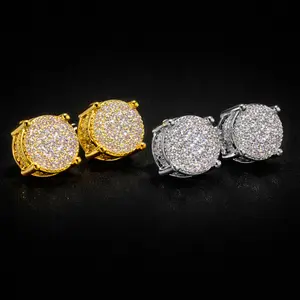 Luxury Gold Color Round CZ Stud Earrings Hip Hop Zircon Stud Earrings Piercing Ear Accessories Hiphop Trend Jewelry