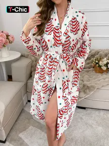 Women's Autumn/Winter Long Robe with Red and Green Star Polka Dots and Christmas Tree Print - Soft, Comfortable, Lightweight, and Warm, Featuring Side Pockets and Adjustable Belt, Perfect for Casual Wear, Home, Sleeping, or Christmas