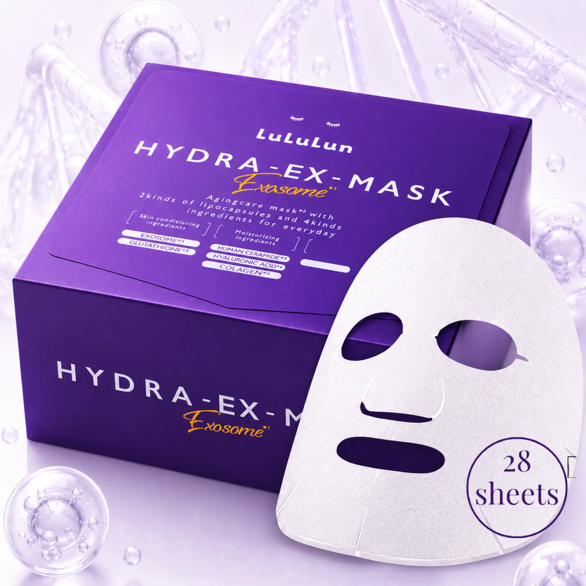 LuLuLun Hydra EX Anti Aging Face Mask Skincare with Exosomes & Glutathione 28EA, Hydrating Face Mask Sheet for Clear Skin, Radiant Firming & Deep Hydration, Japanese Daily Facial Sheet Mask Skincare
