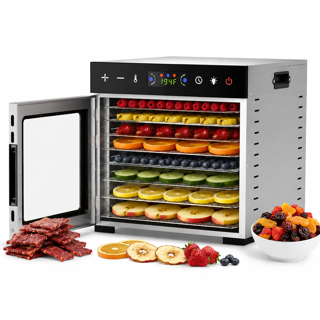 8-Tray Stainless Steel Food Dehydrator, 600W Fruit Dryer Machine with 6.5 sq ft Drying Space, Adjustable 95-165°F Temperature, Digital Timer & Touch Control Panel for Jerky, Herbs, Vegetables & Home Food Drying