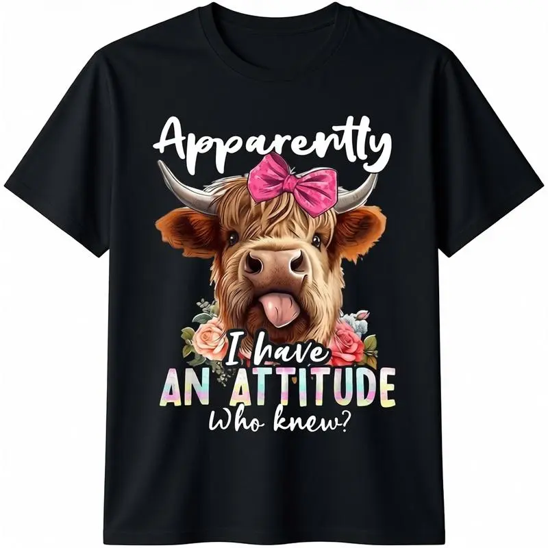 Men's Short-Sleeve Cotton T-Shirt - Fashion Chic Men's Clothes, Round Neck, Sarcastic "Apparently There's An Attitude, Who Knew" Highland Cow Graphic for Casual Beach Wear
