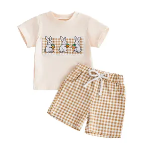 Babamoon Kids Baby Boys Easter 2 Piece Outfits Set Short Sleeve Rabbit Embroidery Tops T shirt and Plaid Shorts Clothing Set 6M-4Y