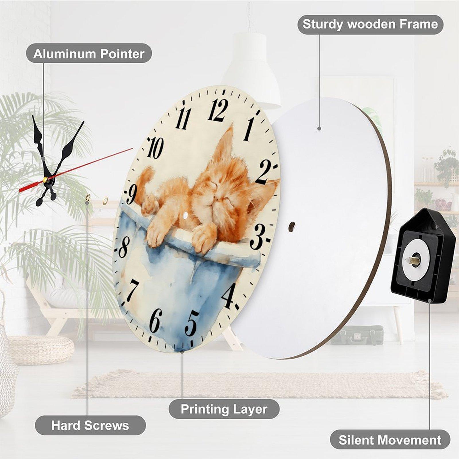 12 Inch Watercolor Sleeping Orange Cat Wall Clock, Silent Non-Ticking Quartz Wall Clock, Cute Kitten Animal Wall Watch for Home Living Room Bedroom Cat Lover Decor