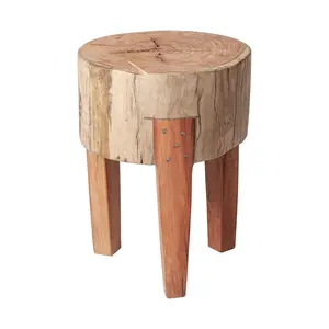 HomeRoots 394251 18 in. 3-Legged Modern Farmhouse Rustic Solid Wood Stool - Natural Brown, Round Wooden Block Base, Unique Seating Option, Wooden Stool