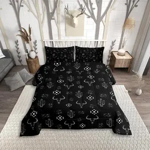 Feelyou Queen Size Aztec Comforter Set - Black Western Boho Bedding with Rustic Cow Bull Horns, Exotic Ethnic Symbols, Geometric Designs for Kids' Cowboy Rooms, Comforter Twin Size Option Included