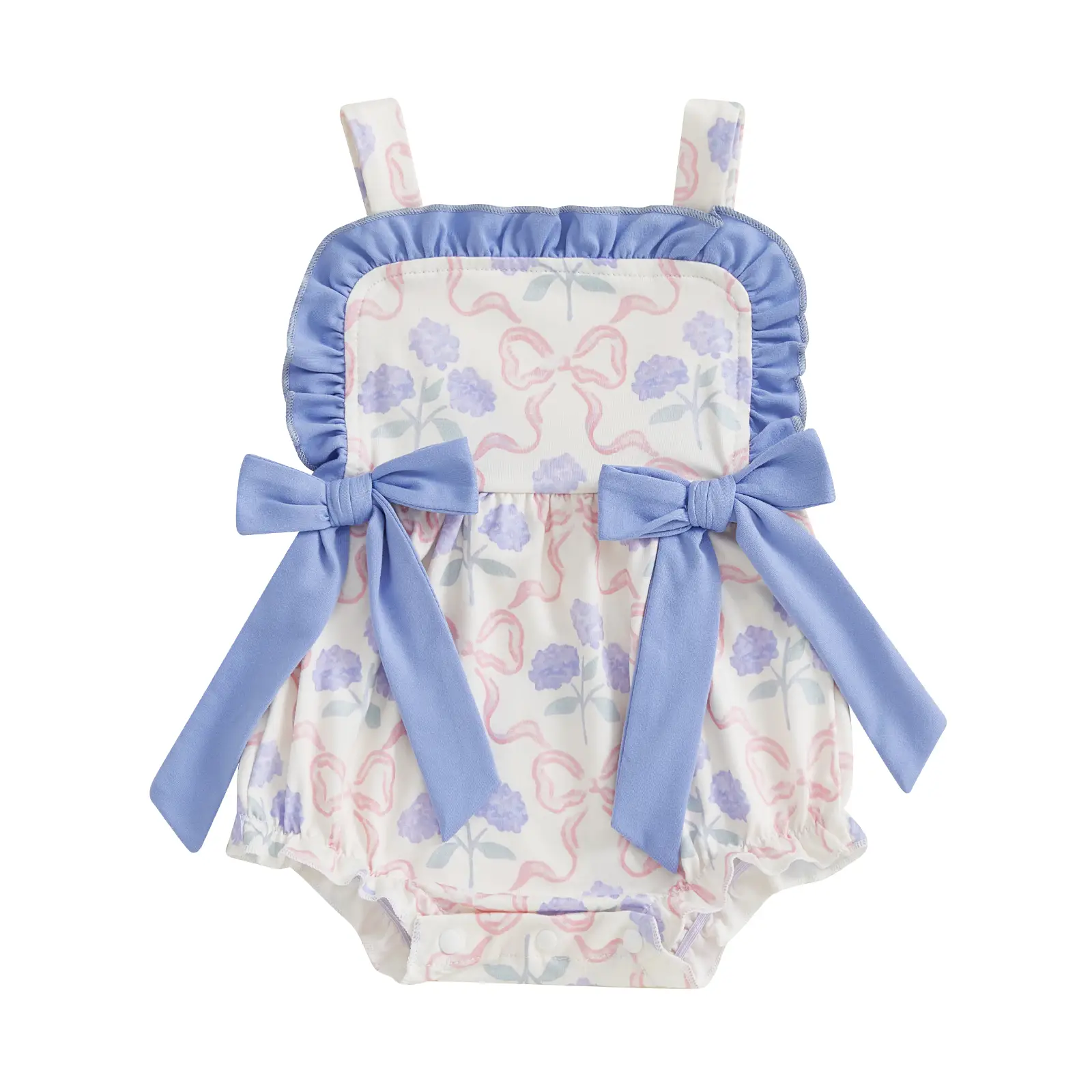 Baby Girl Romper for Summer Loose Fit Flower Bow Print Ruffled Trim Sleeveless Infant Jumpsuit
