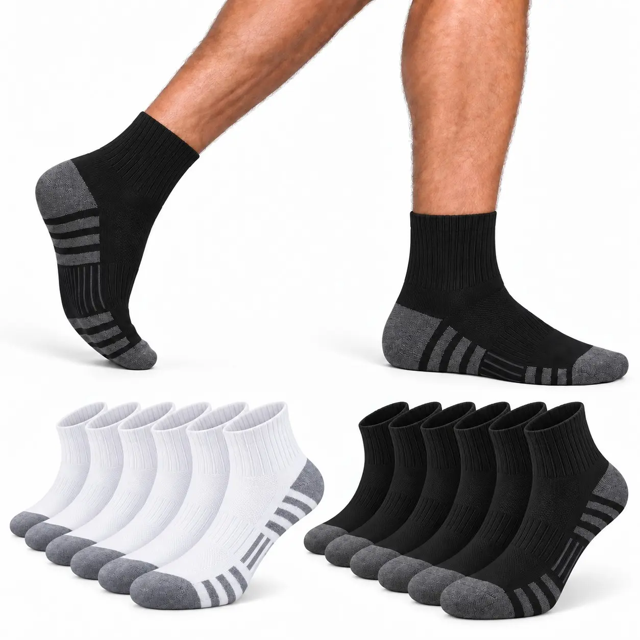Airacker Athletic Quarter Socks, 6 Pairs with Cushioned Sole and Toe Breathable Moisture-Wicking Spandex Sports Socks for Men and Women