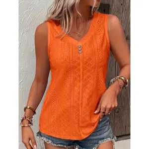 Vibrant V-Neck Sleeveless Tank Top - Eyelet Embroidered, Medium Stretch Polyester, Flared Hem, Machine Washable, Weekend Casual Wear for Spring & Summer