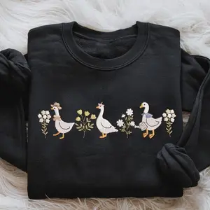 Cute Goose Embroidered Sweatshirt, Floral Goose Embroidered T Shirt, Animal Embroidered Shirt, Cottagecore Animal Shirt, Funny Gifts 3X