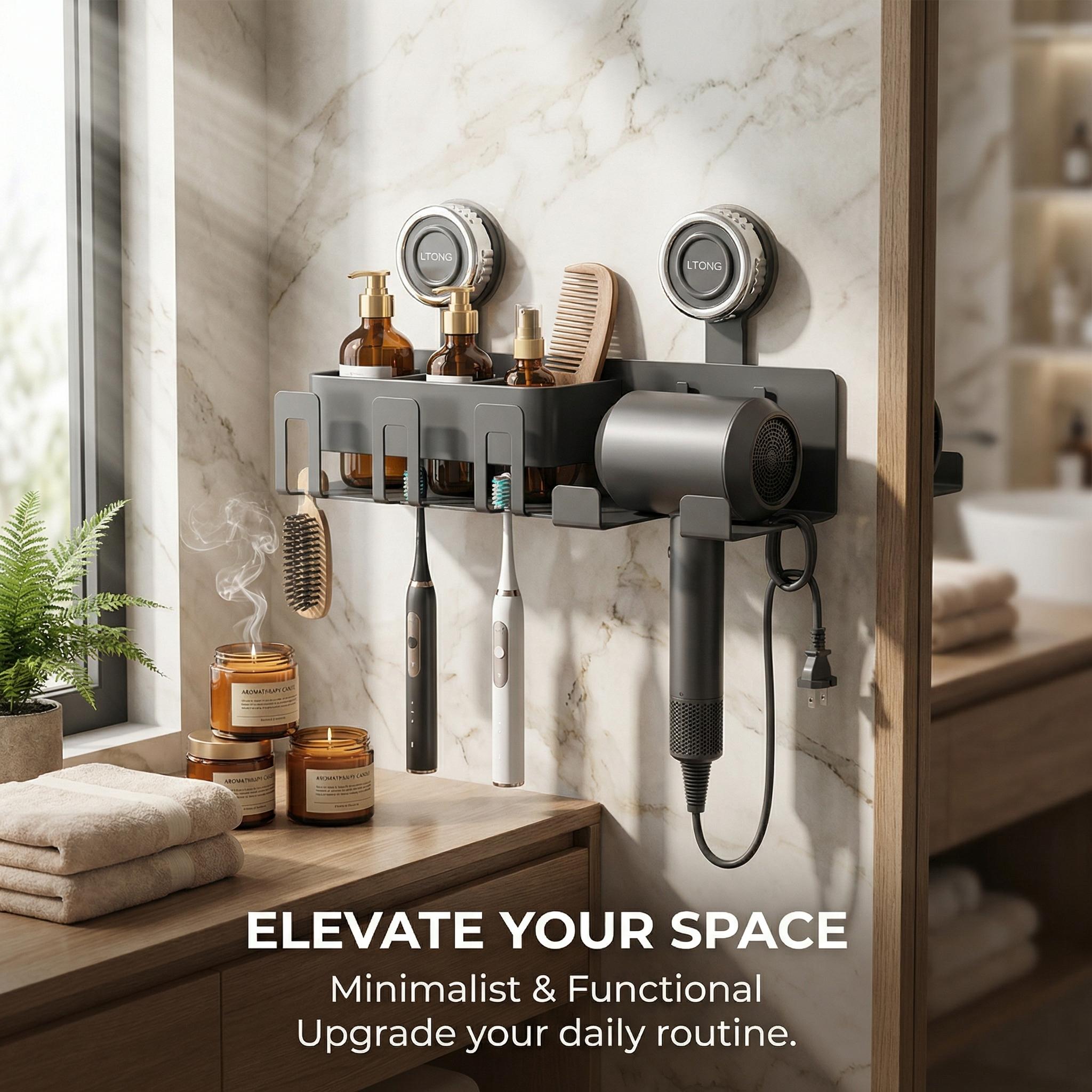 No Drill Suction Cup Hair Dryer Holder, Space Aluminum Bathroom Organizer with Toothbrush Storage, Strong Load-Bearing Wall Mount Rack for Renters