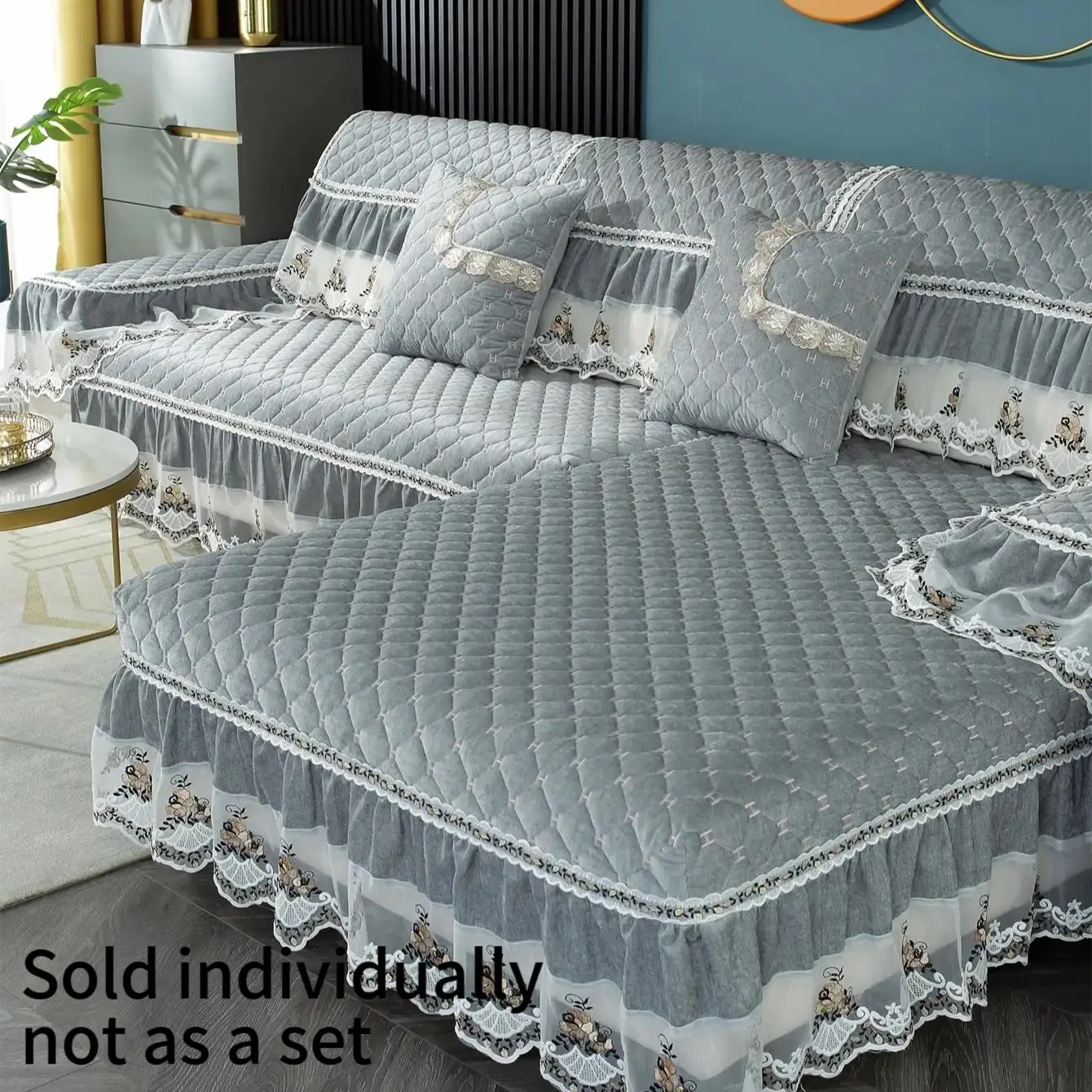 Quilted Soft Ruffle Decor Sofa Cushion Cover, 1 Count Lace Embroidered Sofa Cover, Living Room Furniture Cover for Pets Kids Children Dog Cat