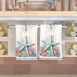 2pcs Coastal Starfish Kitchen Towels Super Soft Woven Polyester Vibrant Nautical Design With Starfish & Seashells Hand Washable Decorative Towels For Home & Beach House 23.6x15.7 Inches
