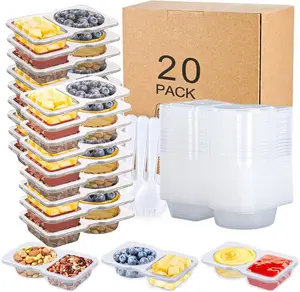 20 Pack Reusable Snack Containers with Lids - Double Compartment Sauce Cups with 20 Forks, Microwave Safe Portion Control Containers for Meal Prep, Take-out, Party & Travel