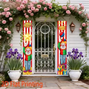 Lucky Happy Circus Clown Theme Vertical Banner, Stripes Background, Ideal for Carnival Parties, Amusement Parks, Market Events