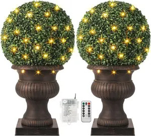 【Christmas Gift】20” Artificial Plant Topiary Ball, Pre-Lit Artificial Topiary Plant with 50 Lights, Timer and Remote Control, Artificial Outdoor Porch Trees with Sturdy Pot for Outdoor Indoor，Red Urn Base 2 pcs