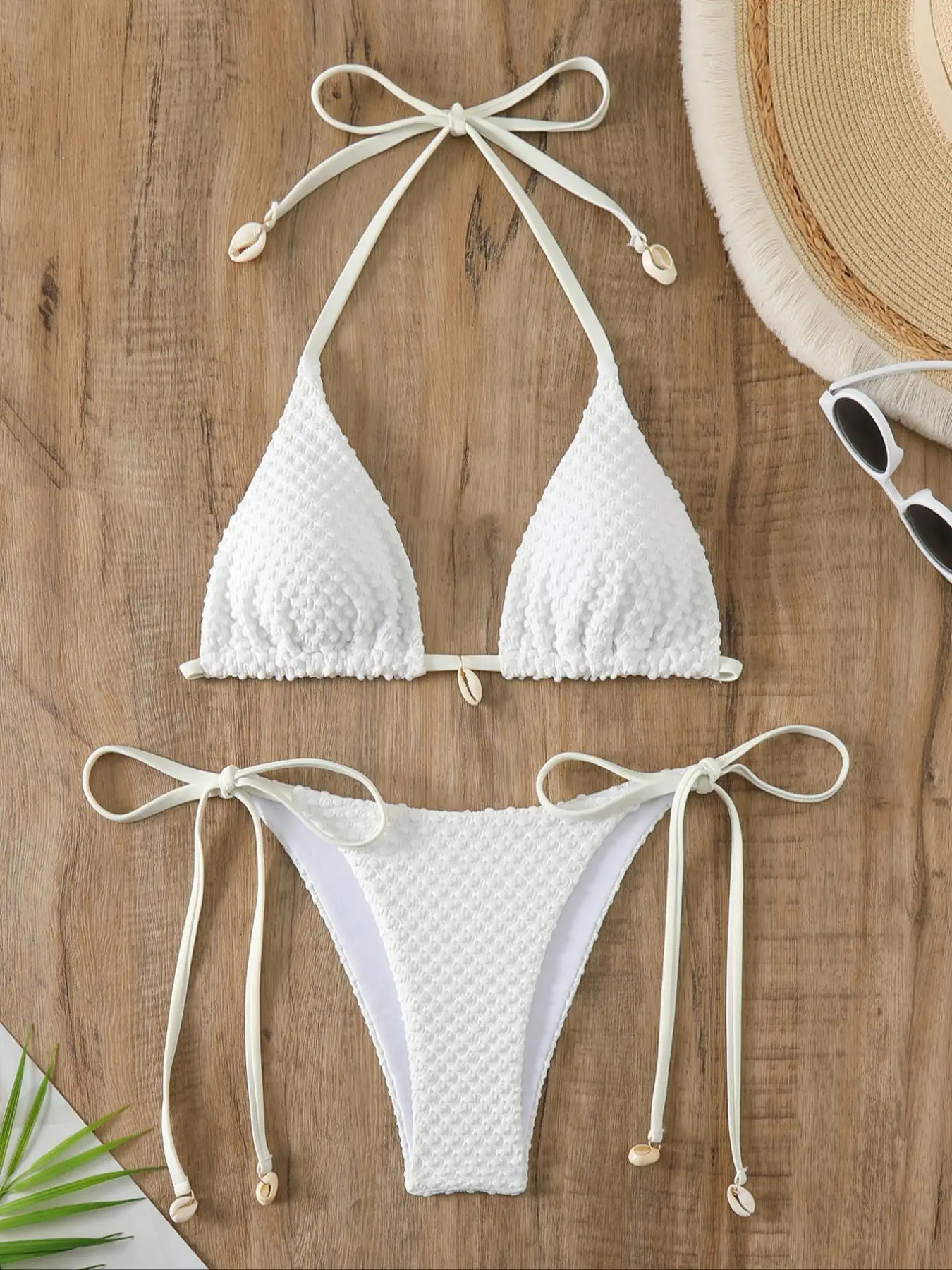 Two-Piece Set Women's Textured Tie Back Triangle Bikinis Set, Boho Comfort Solid Halter Neck Wireless Swim Top & Tie Side Swim Bottom Set, Swimsuit fo