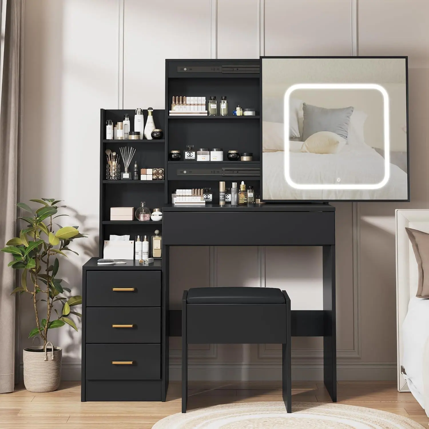 Gaomon Vanity Makeup Vanity Desk with Sliding Mirror, 3-Color Adjustable LED Lights, Power Outlet, 4 Drawers, Storage Shelves and Stool for Bedroom, Black