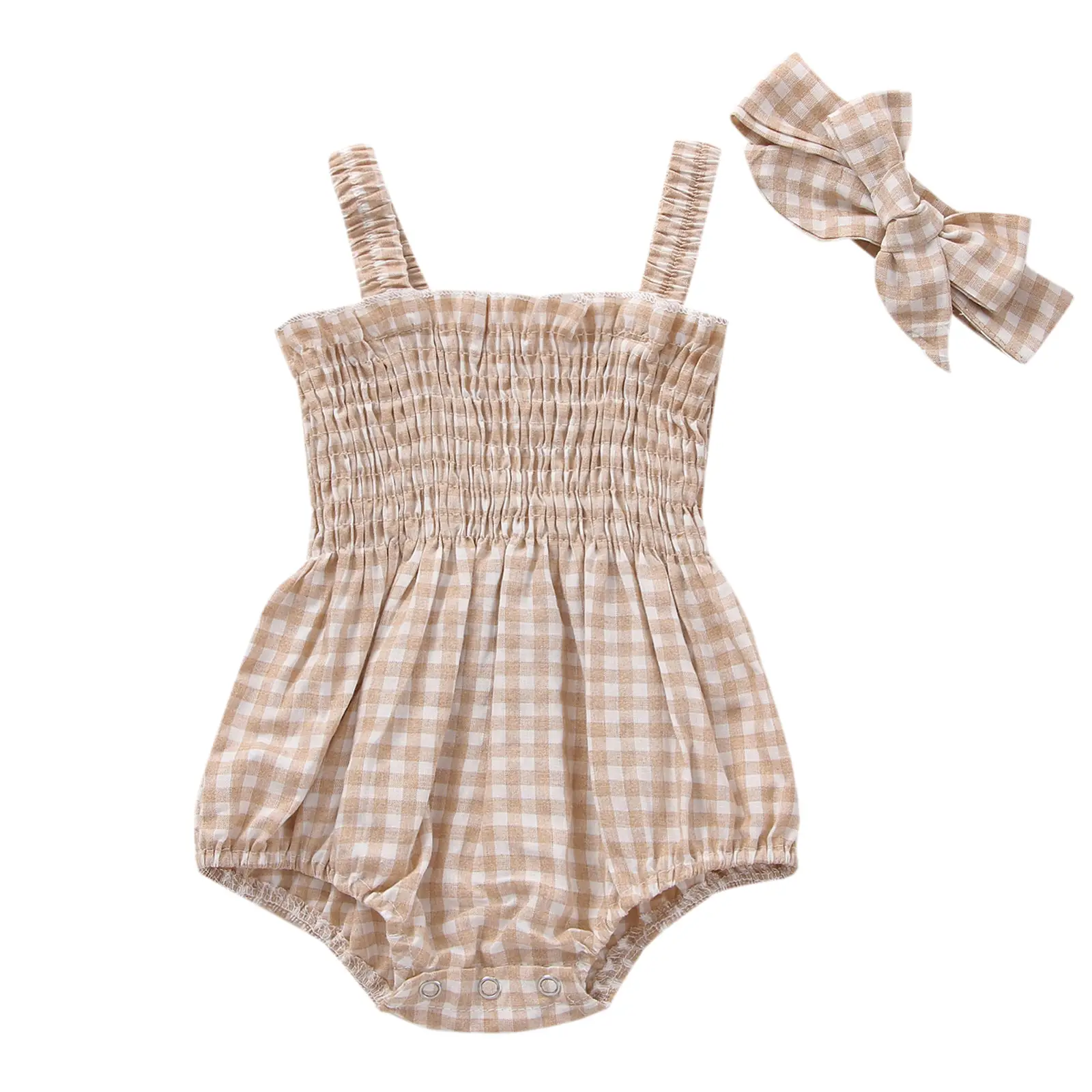 Baby Girls Summer Clothes Infant Sleeveless Frill Smocked Strap Bubble Romper Newborn Ruched Onesie Cute Top Toddler Bodysuit Outfit With Headband