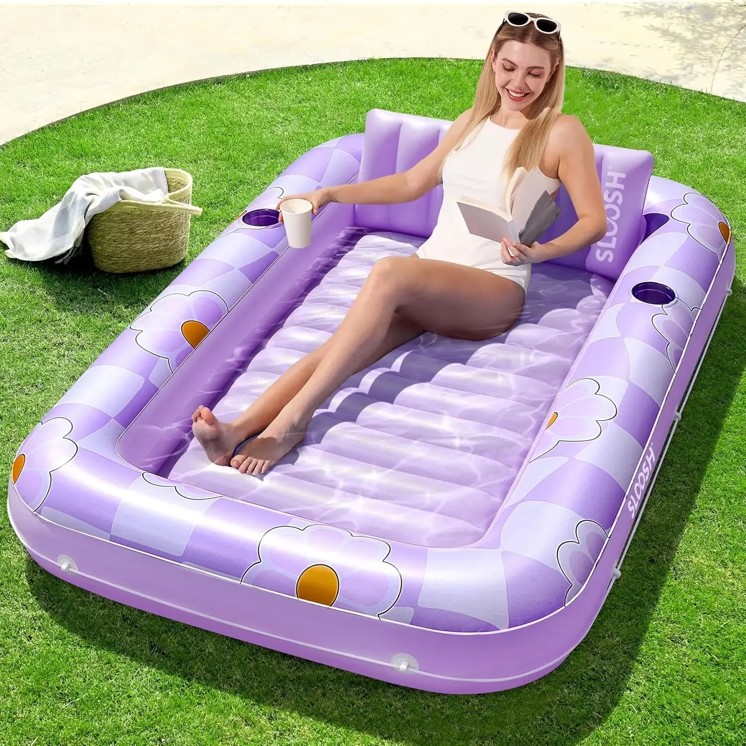 Large Inflatable Adult Pool Lounger Float, Beach Sunbathing Floating Raft, Water Lounge Chair with Drink Holder, Swimming Float, Pool Floats