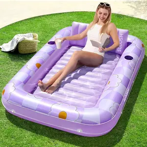 Large Inflatable Adult Pool Lounger Float, Large Beach Sunbathing Floating Raft, Water Lounge Chair with Drink Holder