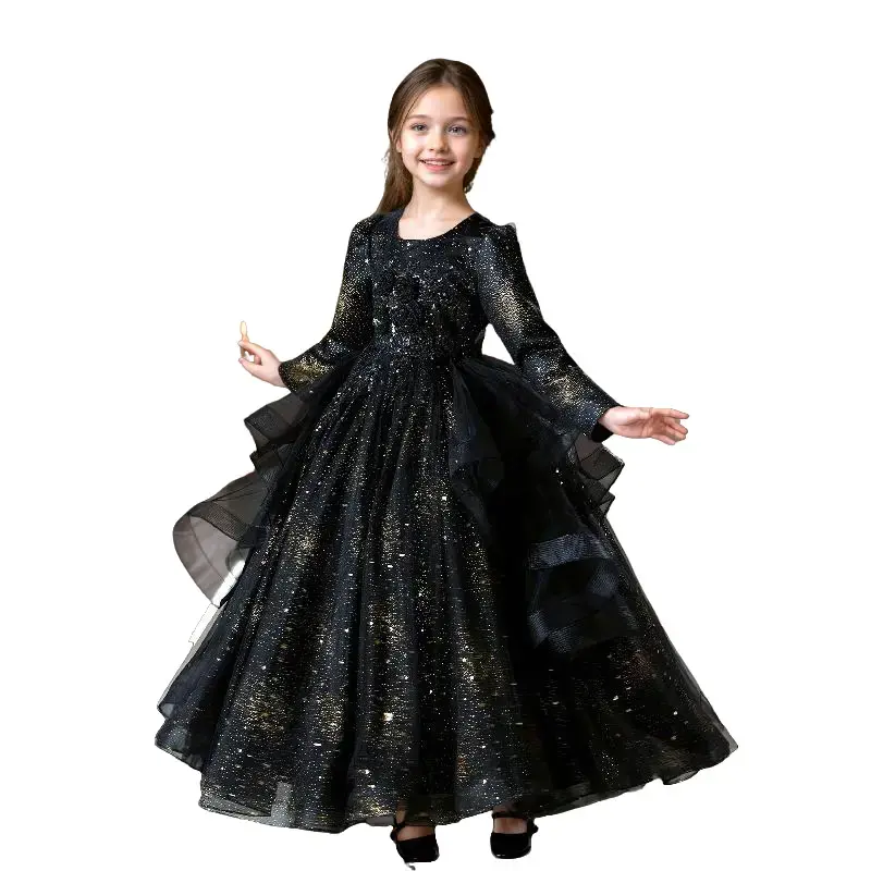 Girl's Long Chiffon Mesh Formal Princess Gown, Dark-Style Kids' Fashion Dress for Birthdays, Ramadan