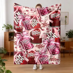 Dr Pepper Cherry Ribbon Print Flannel Blanket, Comfortable and Warm, Durable for Sofa, Office, Bed, Camping, Travel, Ideal Holiday Gift