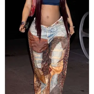 Large size women's patch button zipper pocket wide leg pants. These pants are made of denim fabric and feature printing technology, showcasing a strong street style.
