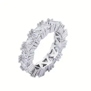 Iced Out Full Eternity Ring, Sparkling Princess Cut Band, Y2K Trendy Costume Jewelry for Daily Wear