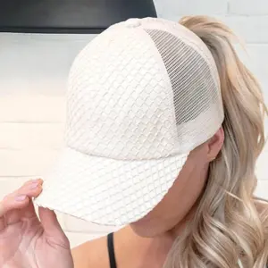 CC Textured Faux Leather Pony Hats Criss Cross Style Women Cap for Ponytails