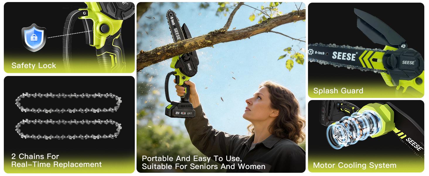 SEESE Brushless Mini ChainSaw Oil System- Portable Electric Cordless Saw for Wood Cutting, Batteries (2000mAh) ,Pruning, Gardening, Camping - Suitable for Seniors, Women Holiday gifts