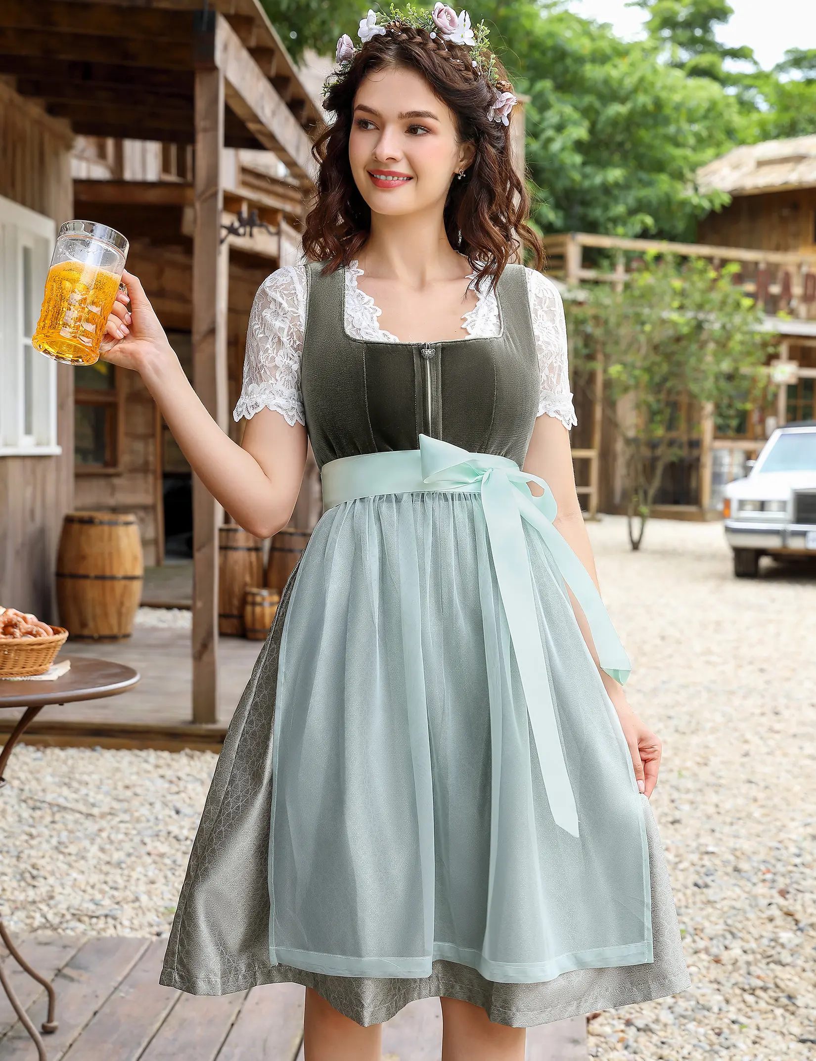 BEER Women's 3-Piece Velvet Oktoberfest Dirndl Costume Set - Lace Short-Sleeve Blouse, Sheer Mesh Waist Apron, Beer Festival Dress-DTY
