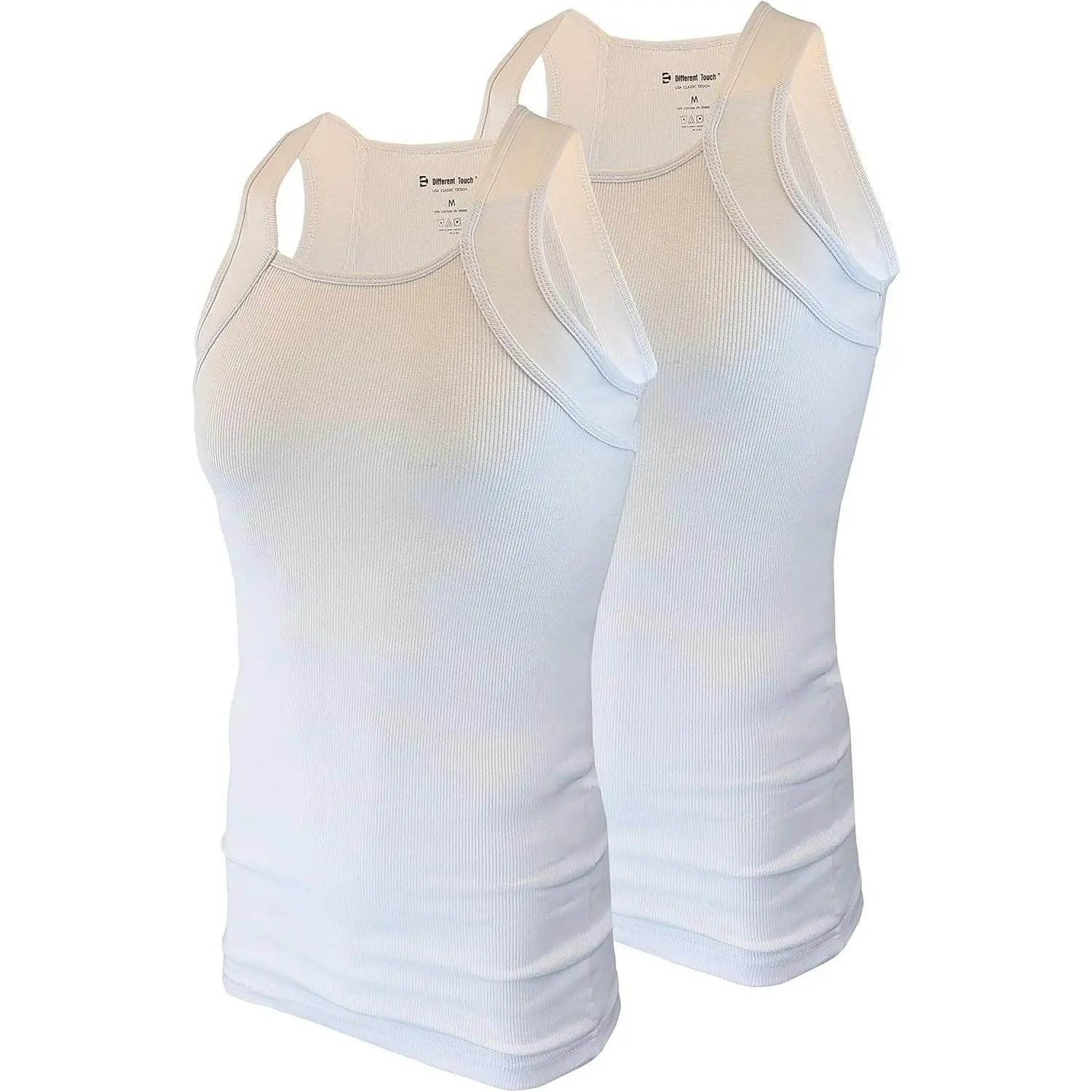 Men's 2-Pack Ribbed Tank Tops - Square Cut, Spandex-Cotton Stretch Fabric, Menswear Muscle A-Shirts, Classic