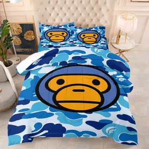 BAPE Baby Milo Blue Camo Print Comforter Set, 1 Comforter & 1-2 Coreless Pillowcases, Blue-White Camouflage with a Super Large Monkey Cartoon Image, Soft Warm, Fresh Cool Bedroom Decor, Gift for Fans, Bedding Sets