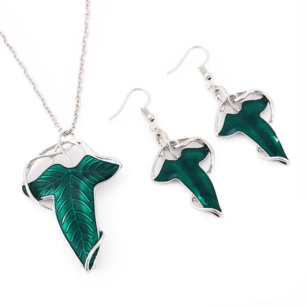 Fashion Vintage Charm Elf Green Leaf Necklace Elven Pin Brooch Pendant Necklace Women Alloy Chain Earrings Jewelry Gifts
