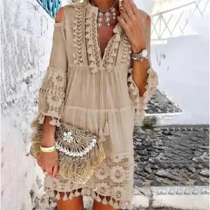 New Spring Embroidery Crochet Lace Bohemian Dress Women Elegant Off-the-shoulder Tassel Ruffle Mini Dress Summer V-neck Ladies Beach Dress Elegant Casual Womenswear