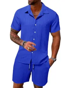 Men's summer two-piece casual pleated striped shirt paired with drawstring shorts, short sleeved workwear, casual suit