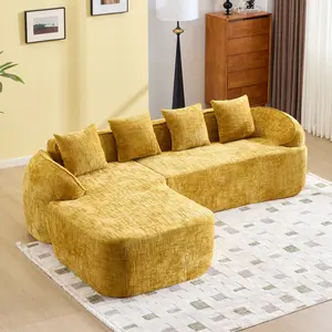Chenille L-Shaped Compressed Sofa with 4 Throw Pillows, High-Elastic Sponge & Curved Armrests, Comfortable Couch for Living Room