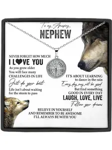 To My Dearest Nephew Stainless Steel Compass Pendant Necklace, Jewelry Gift, Meaningful Card Included, Birthday Christmas Present, All Seasons