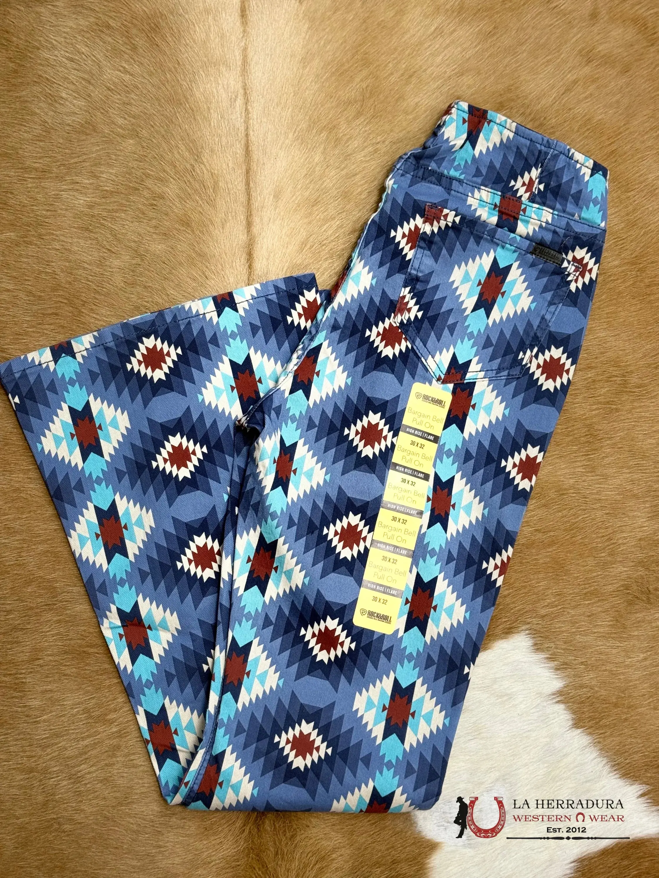 Women's Pull-On Vintage Tribal Aztec Style Female Jeans - Navy Blue Flared Bottoms, Flattering Fit, Button Details for Casual Outfits