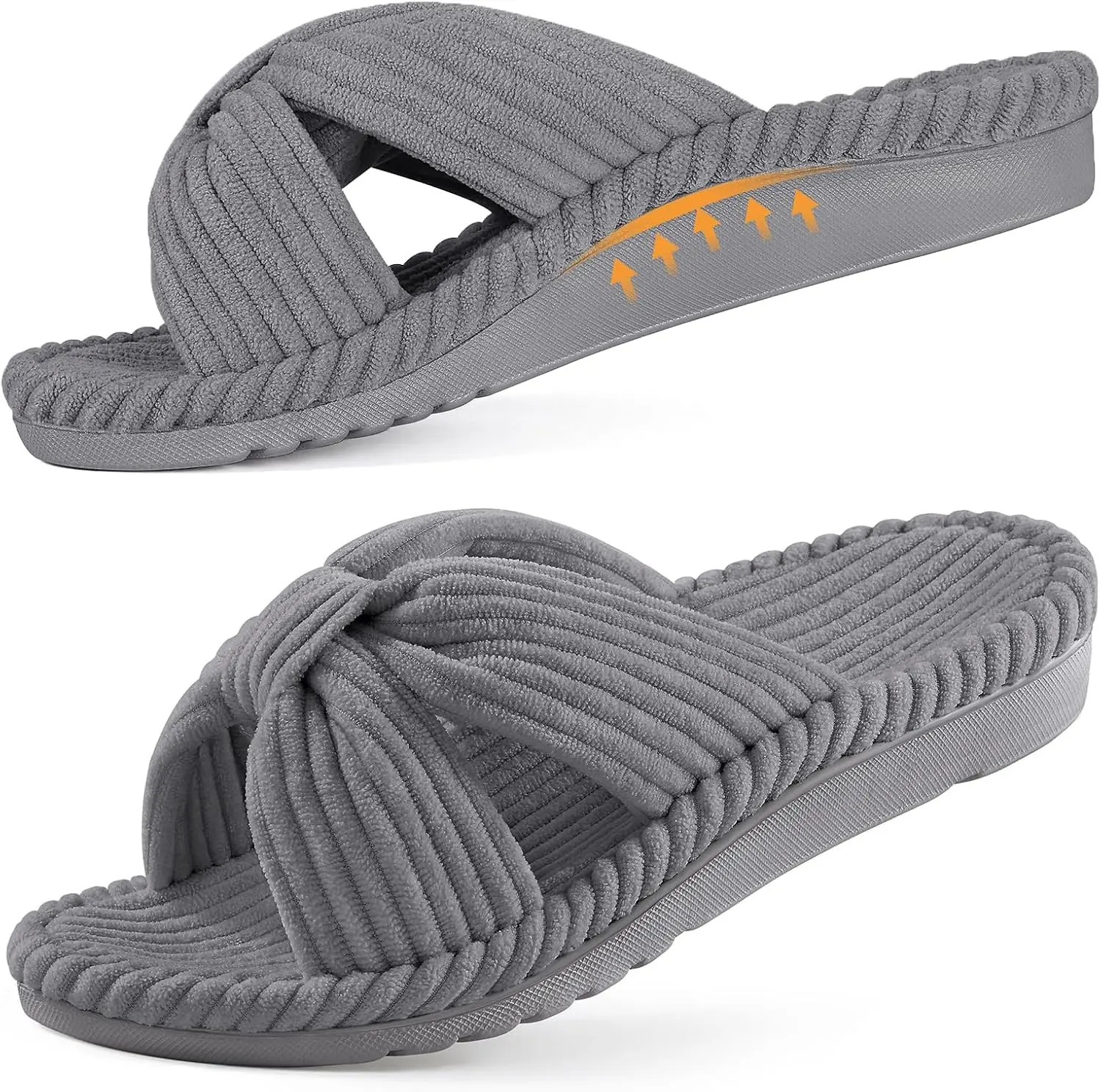 Orthopedic Arch Support Slippers for Women Comfortable Open Toe Indoor House Slippers Corduroy Cross Bow Bedroom Shoes for Plantar Fasciitis