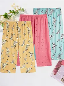 3-Pack Cartoon 7/8 Pants for Middle-Aged Women, Plus Size Floral Print Summer Sleepwear, Loose Fit Casual Home Pants, Lightweight Comfortable