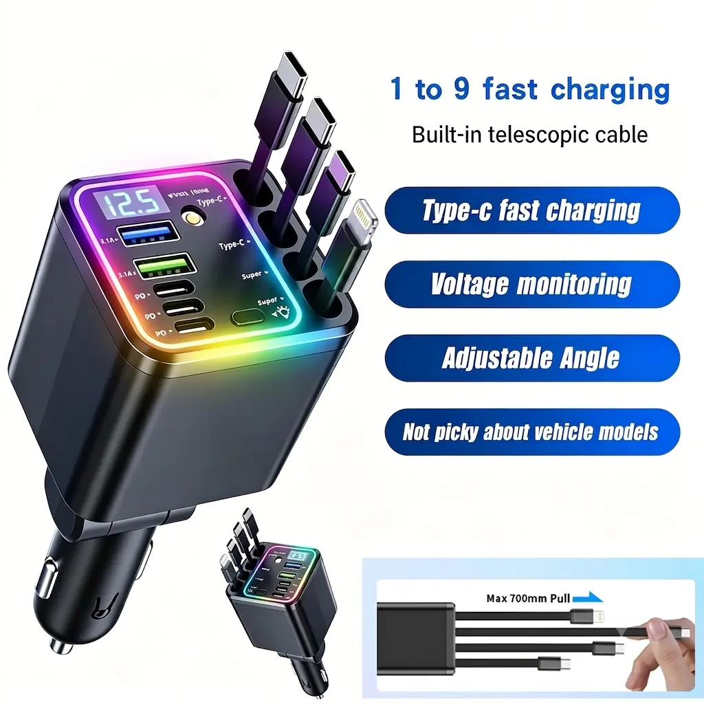 120W Retractable Car Charger, 9-in-1 Fast Charging Station with 4 Built-in Cables & Star Projector, RGB Ambient Light,LED Voltage Display, Multi-Plug Car Accessories for iPhone & Android, Essential Road Trip Organizer