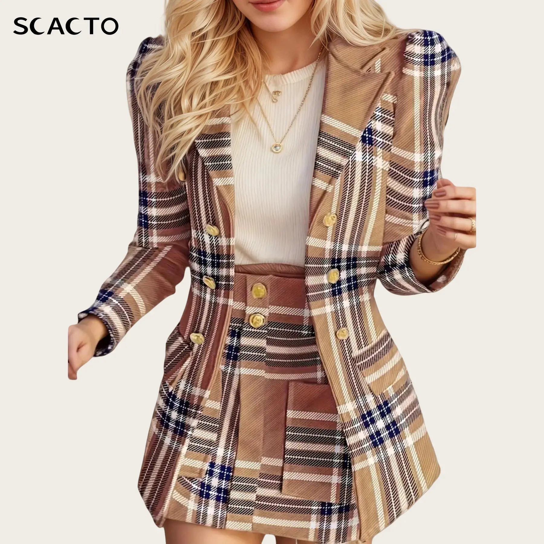 Scacto Women's Preppy Plaid 2-Piece Suit Set - Formal Business Clothes with Double-Breasted Full Sleeves Blazer & Skirt with Pockets, Lady, Longsleeves, Spandex Blend