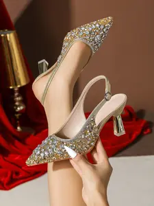 Women's Elegant Summer Water Drill Rubber Sandals, Pointed Sharp Toe High Heels for Shopping, Parties, Commuting, Office Fashion
