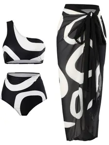 Women's Abstract Graphic One Shoulder Swim Top & Ruched Swim Bottom & Knot Cover Up Skirt Bikini Sets, Ladies Swimwear for Beach Holiday Vacation, Ruched Bikini Bottoms One Shoulder Swimsuit